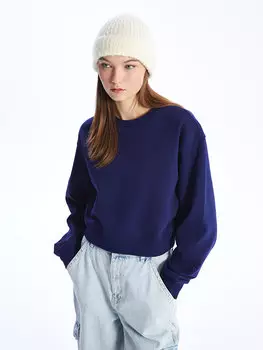 Обычная укороченная женская толстовка с круглым вырезом и длинными рукавами LCW Casual, темно-синий