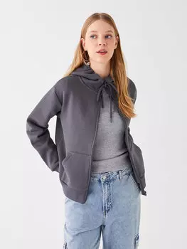 Обычная женская толстовка на молнии большого размера с капюшоном и длинными рукавами LCW Casual, антрацит