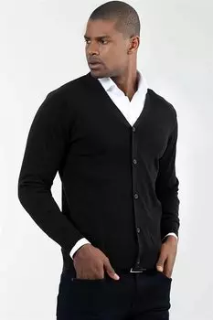 Обычный мужской хлопковый кардиган Slim Fit на пуговицах черного цвета TUDORS