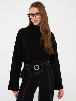 Обычный укороченный женский трикотажный свитер с длинным рукавом и полуводолазкой LCW Casual, черный