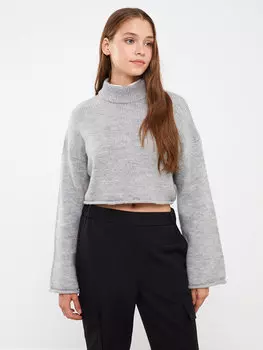 Обычный укороченный женский трикотажный свитер с длинным рукавом и полуводолазкой LCW Casual, серый меланж