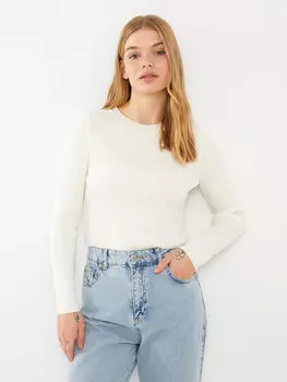 Обычный укороченный женский трикотажный свитер с круглым вырезом и длинными рукавами LCW Casual, экрю
