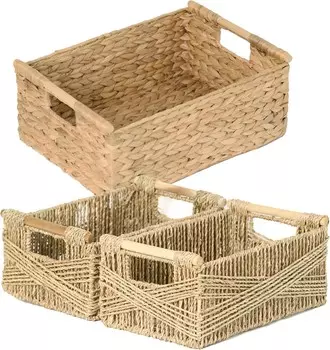 Очень большая прямоугольная плетеная корзина Vatima с деревянными ручками для полок, корзина для хранения водного гиацинта, натуральные корзины для организации вещей, плетеные корзины для хранения, Beige