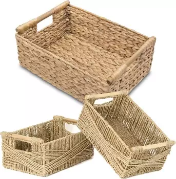 Очень большая прямоугольная плетеная корзина Vatima с деревянными ручками для полок, корзина для хранения водного гиацинта, натуральные корзины для организации вещей, плетеные корзины для хранения