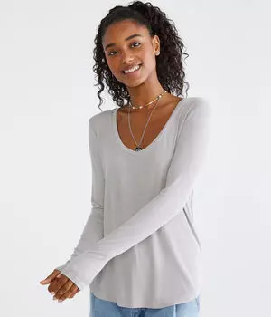 Очень мягкая футболка в рубчик с длинными рукавами и V-образным вырезом Aeropostale, серый
