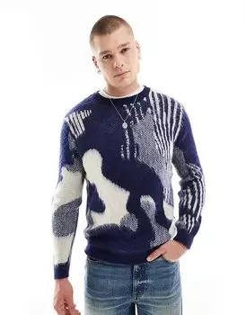 Очень пушистый джемпер с абстрактным рисунком синего океана ASOS DESIGN