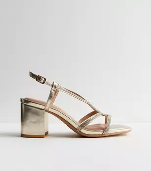 Очень широкие босоножки на блочном каблуке с золотистыми стразами и бриллиантами New Look, золотой