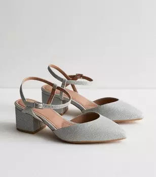 Очень широкие туфли-лодочки серебристого цвета с блестками на блочном каблуке New Look, серебряный