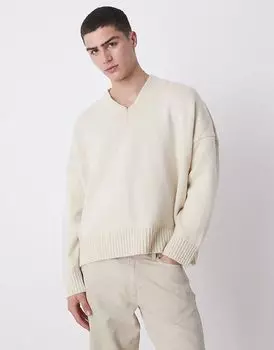 Очень свободный вязаный джемпер свободного кроя с V-образным вырезом в каменном цвете ASOS DESIGN
