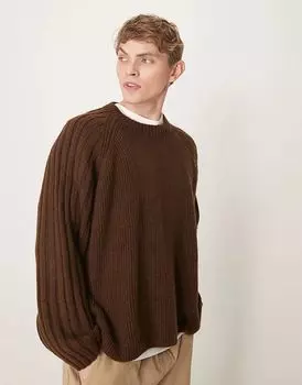 Очень свободный вязаный джемпер свободного кроя с круглым вырезом и широкими рукавами в рубчик коричневого цвета ASOS DESIGN