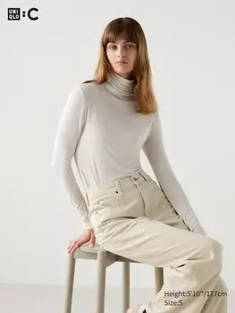 Очень теплая футболка из смеси кашемира heattech с высоким воротом Uniqlo, бежевый