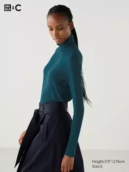 Очень теплая футболка из смеси кашемира heattech с высоким воротом Uniqlo, зеленый