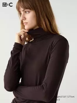 Очень теплая футболка из смеси кашемира heattech с высоким воротом Uniqlo, коричневый