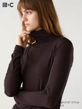 Очень теплая футболка из смеси кашемира heattech с высоким воротом Uniqlo, цвет 39 коричневый