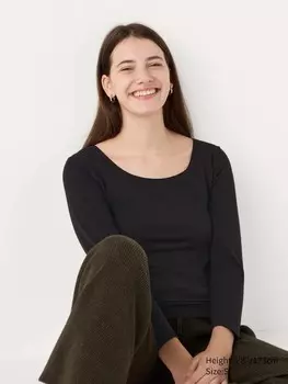 Очень теплая хлопчатобумажная футболка heattech с круглым вырезом Uniqlo, черный