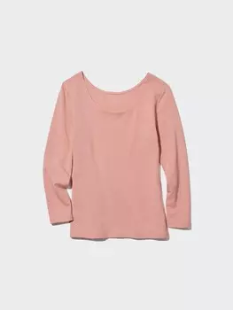 Очень теплая хлопчатобумажная футболка heattech с круглым вырезом Uniqlo, розовый