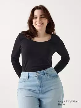 Очень теплая хлопчатобумажная футболка heattech с круглым вырезом Uniqlo, черный