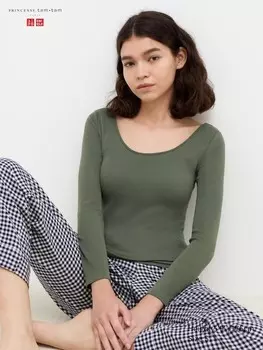 Очень теплый топ-бюстгальтер heattech в рубчик с круглым вырезом Uniqlo, зеленый