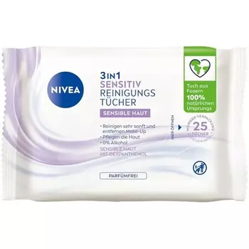 Очищающие салфетки NIVEA 3в1 для чувствительной кожи с декспантенолом, 25 шт.
