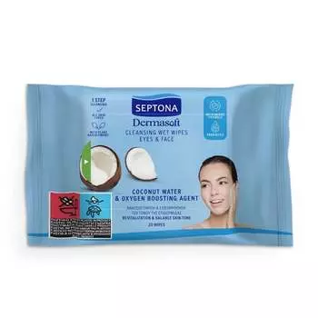 Очищающие влажные салфетки для лица, кокосовая вода, 20 шт. Septona, Dermasoft