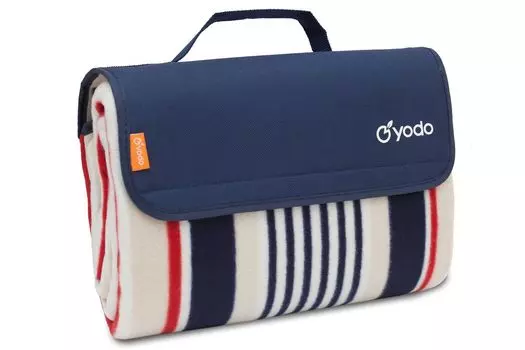 Одеяло для пикника BRUBAKER флисовое с водонепроницаемой подкладкой PEVA 150 x 135 см - синий белый красный в полоску