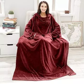 Одеяло Freetoo Портативное мягкое одеяло с рукавами, Очень мягкое одеяло для телевизора, Одеяло с рукавами, Одеяло для отдыха, Портативное одеяло для всего тела с рукавами, бордовый