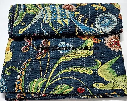 Одеяло хлопковое с принтом птицы Kantha Sambhav Quilt Hub, синий