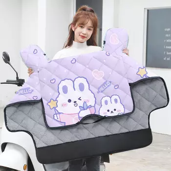 Одеяло на лобовое стекло электрического мотоцикла Kuang-Chi, зимнее плюс бархатное утолщенное аккумуляторное одеяло для трамвая, холодное покрытие, водонепроницаемое, ветрозащитное, теплое, Hello Purple Rabbit + расширенные боковые крылья, плюс...