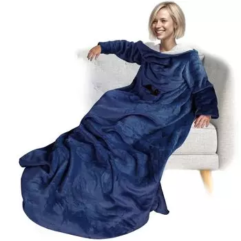 Одеяло NYVI с рукавами CozyWear Sherpa 150x180 см, темно-синее - Мягкое одеяло с согревающим шерпом внутри, рукава, 2 нагрудных кармана, карман для ног - Уютное одеяло для ТВ для взрослых и детей - Одеяло для дивана