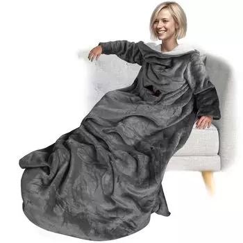 Одеяло NYVI с рукавами CozyWear Sherpa 150x180 см Серое - Мягкое одеяло с согревающим шерпом внутри, рукавами, 2 нагрудными карманами, карманом для ног - Уютное одеяло для ТВ для взрослых и детей - Одеяло для дивана