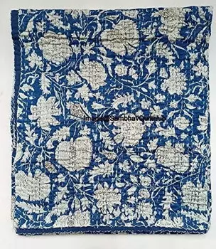 Одеяло с цветочным принтом Kantha Queen/King Size Sambhav Quilt Hub, синий