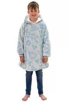 Одеяло с капюшоном из шерпы с изображением игрового пульта большого размера Playstation, серый