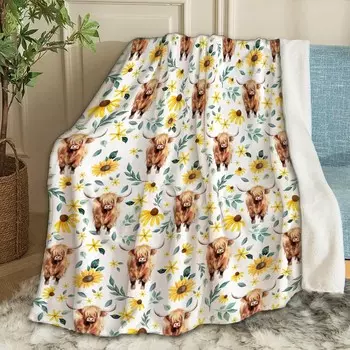 Одеяло с подсолнухами из горной коровы, подарки, плюшевые, нечеткие, уютные, мягкие, легкие одеяла для дивана, одеяла с кондиционером, декор, одеяло для рождественских подарков, 50 x 40 дюймов для детей Ottoy, Highland Cow Sunflowers