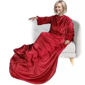 Одеяло с рукавами NYVI CozyWear Deluxe 170x200 см красное - приятное одеяло с рукавами, 2 нагрудных кармана, карман для ног - уютное одеяло для ТВ для взрослых и детей - 100, одеяло для надевания на диван