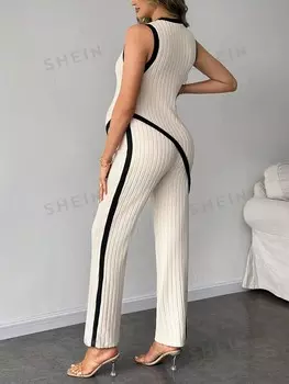 Одежда для беременных из двух предметов: круглый вырез, топ без рукавов и прямые брюки Shein, абрикосовый