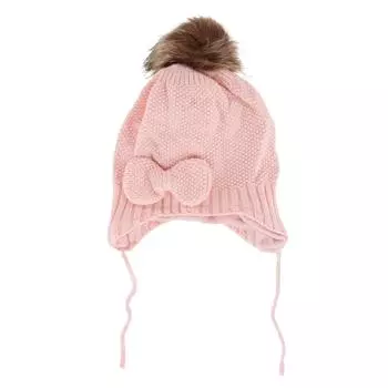 Один размер для девочек, подходит большинству. Вязаная зимняя шапка с помпоном и ушками CTM, розовый