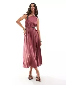 Одно плечо фактурное платье миди с отделкой из искусственной кожи бордового цвета ASOS DESIGN