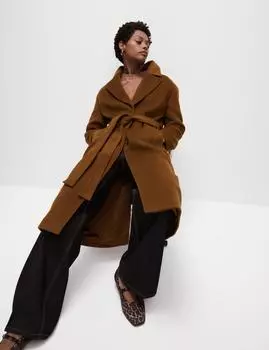 Однобортное длинное пальто-халат из смеси шерсти с поясом Marks & Spencer, желто-коричневый