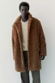 Однобортное флисовое пальто тедди H&M, коричневый