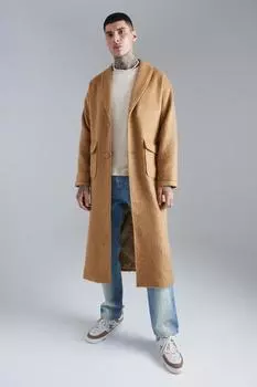 Однобортное пальто из матовой шерсти с поясом boohooMAN, бежевый