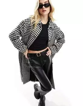 Однобортное пальто Monki черно-белого цвета с узором "гусиные лапки"