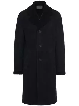 Однобортное пальто Prada с воротником из овчины, черный