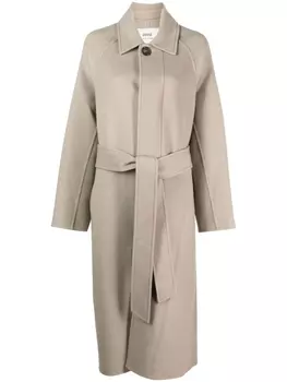 Однобортное пальто с поясом AMI Paris, бежевый