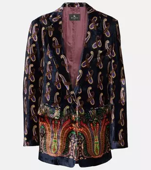 Однобортный бархатный пиджак с узором пейсли Etro, синий
