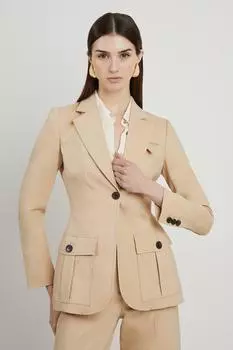 Однобортный пиджак из хлопкового атласа с карманами и карманами Karen Millen, бежевый