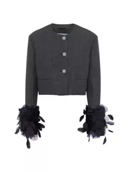 Однобортный шерстяной пиджак с перьями Prada, серый