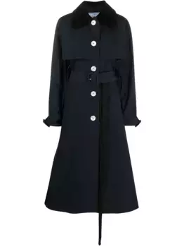 Однобортный тренч с поясом Prada, синий