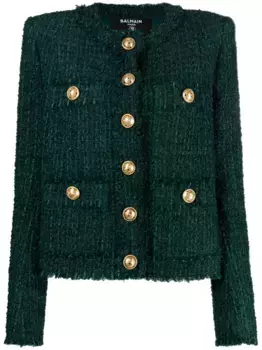 Однобортный твидовый жакет BALMAIN, зеленый