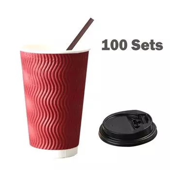 Одноразовые кофейные стаканчики CANDeal с крышками и трубочками - 500 мл (100 комплектов) Бумажный стаканчик для горячих напитков с крышкой для напитков Изолированные многоразовые рифленые стаканчики для чая эспрессо, красные