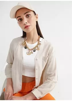 Однотонная бежевая женская рубашка с V-образным вырезом Fabrika